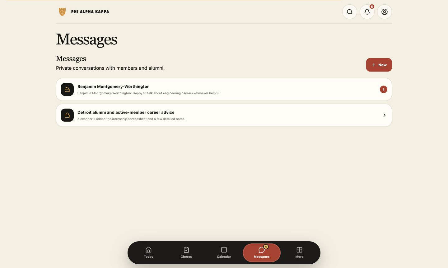 My Alpha Kappa desktop messages screen showing fictional private conversations